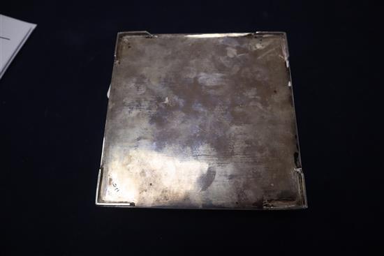 A Far Eastern white metal square box with embossed decoration of cranes and flowers